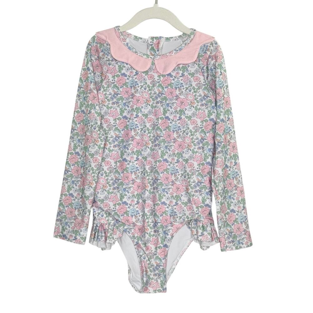 Cecil & Lou Floral Scalloped Collar Long Sleeve Swimsuit 8 Girls Pink Blue